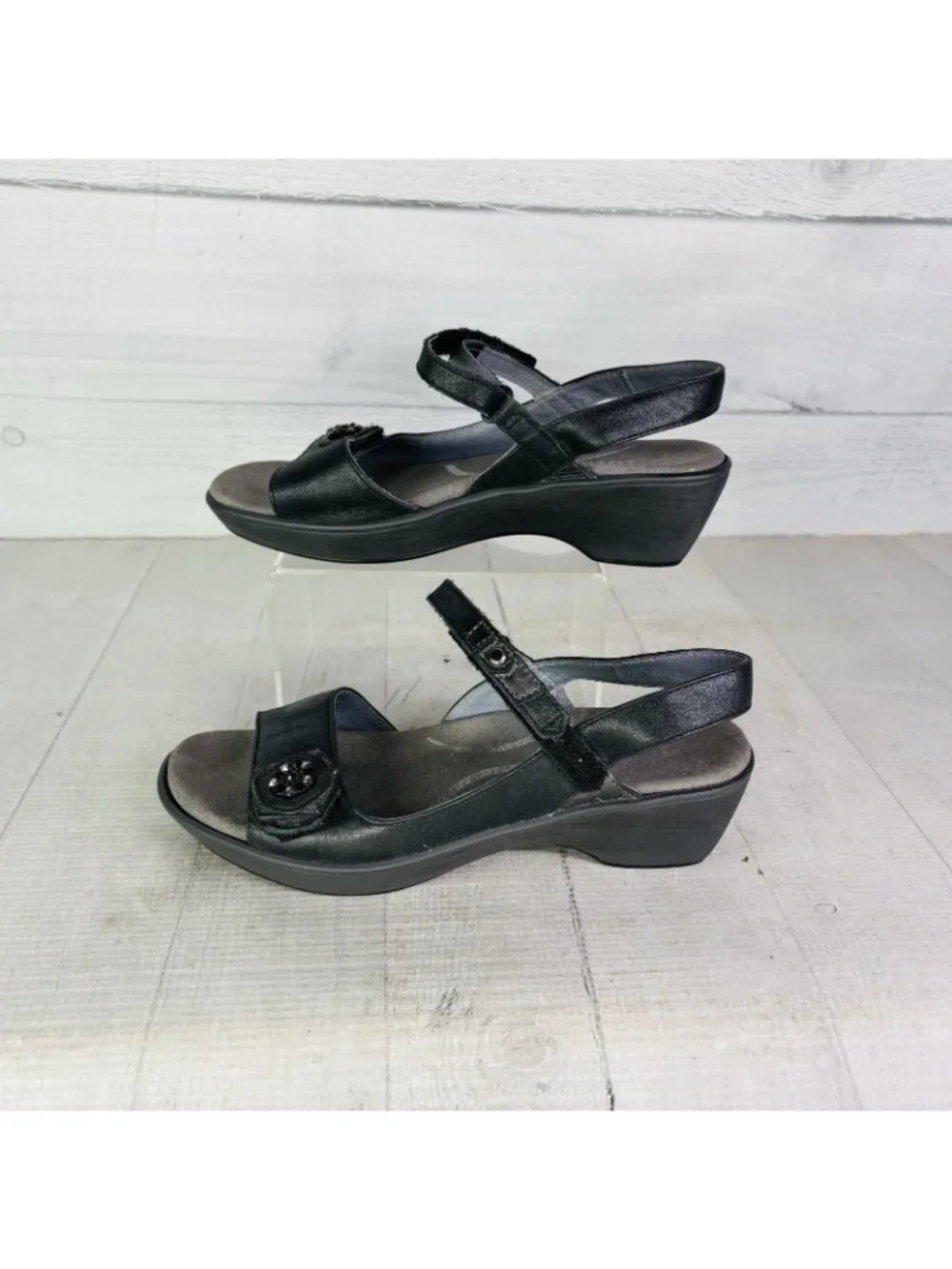 Naot VINEYARD Black Leather Rhinestone Slingback Wedge Heel Sandal Sz 37 US 6.5